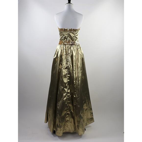 1980s XS Metallic Gold Strapless Gunne Sax Dress with Gold Sequin Belt - Picture 8 of 9